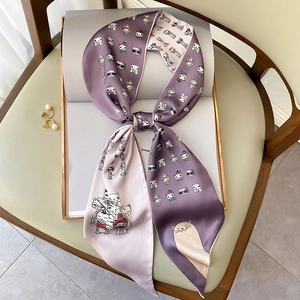 Fashionable long silk scarf featuring purple and pink double-sided cartoon cat patterns