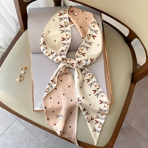 Skinny Scarf Long Strip Printed Satin Like Polyester Neck Tie Hair Band Bag Wrap For Women French Style