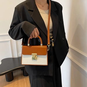 Chic brown leather and white pleated fabric box bag with gold twist lock and handle