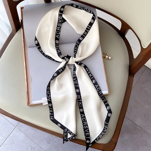 Sciarpa Lunga Stretta Skinny Stampa Lettere Fiori Sensazione Raso Satin Cravatta Fascia Capelli Retro Francese Per Donne Decorazione Borsa