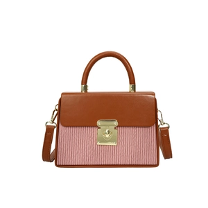 Fashionable brown and pink panelled top-handle crossbody bag with golden square lock