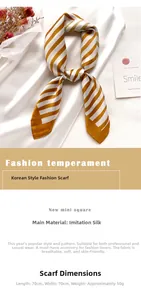 Close-up of yellow and white striped faux silk neck scarf, 70x70cm square silk neckerchief