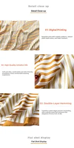 Macro detail of faux silk scarf with digital wave print and double-stitched edges