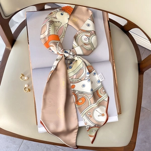 Écharpe Skinny en Satin Vintage Français pour Femmes Imprimé Horloge Mécanique Lapin Bandeau Poignée de Sac Ruban Foulard