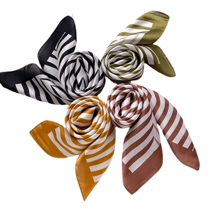 Four silk-like square neck scarves with modern diagonal stripes in assorted colors
