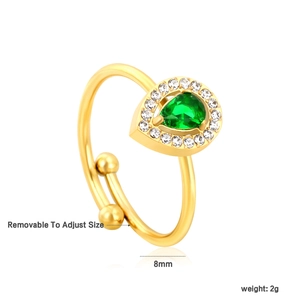 Adjustable gold stainless steel ring featuring a pear-cut green zircon with white stones