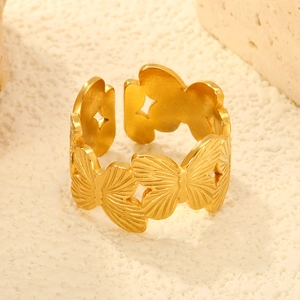 18K gold-plated stainless steel open ring featuring hollow butterfly and leaf patterns