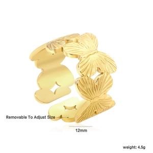 Detail view of 12mm wide gold butterfly ring with bear silhouette and adjustable size