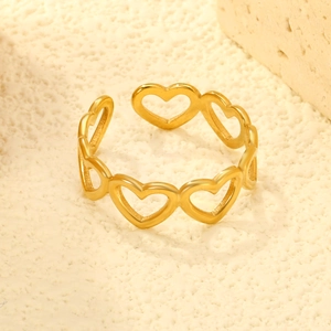 18K gold-plated stainless steel open ring with continuous hollow heart-shaped pattern