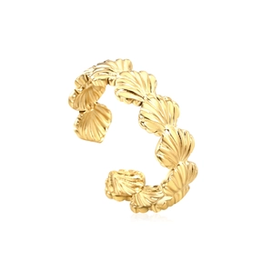 Bague coquillage en acier inoxydable doré poli avec anneau ouvert et design marin