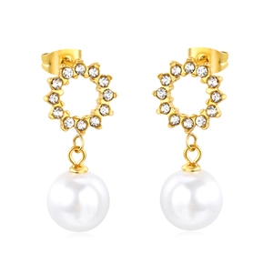 Elegant gold hoop earrings with white pearl drop and sparkling cubic zirconia pave