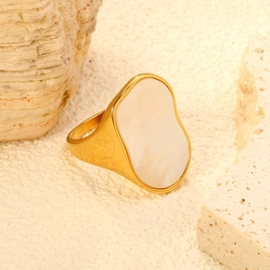 Minimalist 18K gold plated stainless steel wide ring with irregular white shell inlay