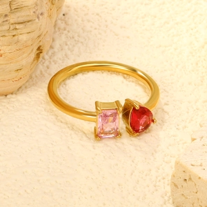 Snake shaped gold open ring with rectangle pink and teardrop red zircon stones