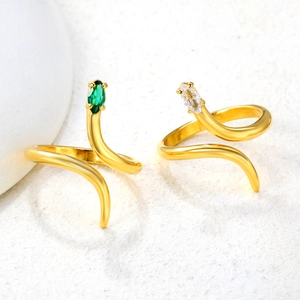 French vintage gold snake rings with marquise emerald and clear zircon inlays