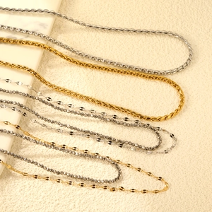 Stainless Steel Necklace 18K Gold Plated Double Layered Rope Chain Faceted Beads Twist Link Hip Hop Style