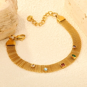 Collier luxueux en maille d'acier inoxydable doré avec cinq pierres précieuses colorées
