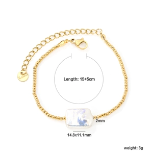 Gold stainless steel beaded bracelet featuring a rectangular white pearl and lobster clasp