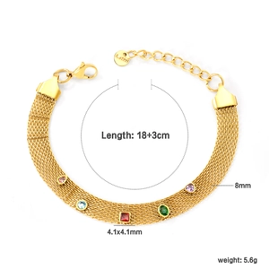 Détail du bracelet en maille d'acier doré 18+3cm avec 5 pierres précieuses colorées
