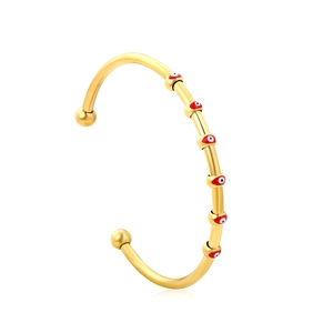 Bracelet jonc ouvert en acier doré avec breloques œil rouge et fini poli