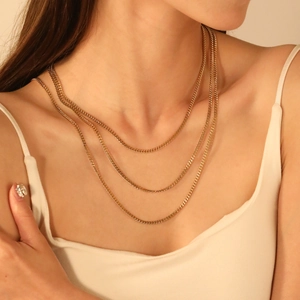 Layered Curb Chain Necklace Stainless Steel 18K Gold Plated Hip Hop Multi Layer Simple Link Jewelry For Men Women