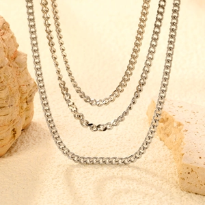 Three-layer stainless steel curb chain necklaces with silver finish and textured metal links