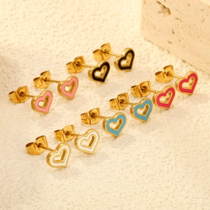 Set of colorful heart-shaped hollow stud earrings in stainless steel with enamel finish