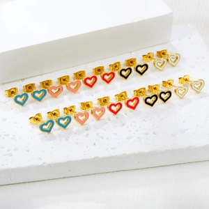 Colorful enamel heart stud earrings set in polished gold finish stainless steel