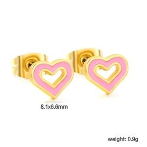 Pink heart enamel stud earrings in gold-plated stainless steel with sizing details