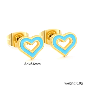 Macro view of blue enamel heart studs with golden edges and 8.1x6.6mm dimensions
