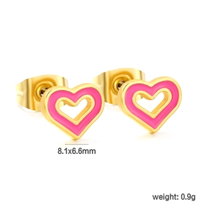 Pink enamel heart stud earrings in gold-plated steel showing 8.1x6.6mm dimensions
