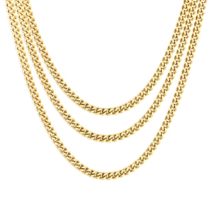 Three-layer stacked gold cuban link chains in 18K gold plated stainless steel