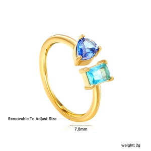 Adjustable golden stainless steel ring with blue square and triangle zircon gemstones