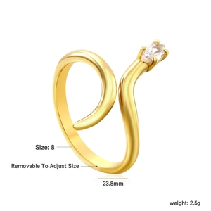 Macro shot of gold snake ring with marquise zircon showing 23.8mm size and 2.5g weight