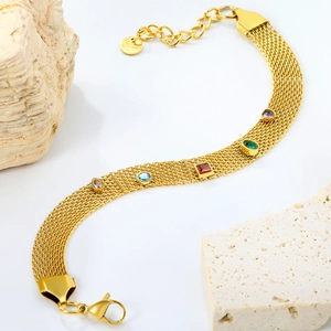Bracelet maille vintage à la française en acier doré avec pierres précieuses colorées