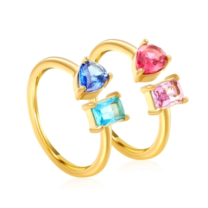 Adjustable gold stainless steel rings with heart and rectangular colorful zircon stones