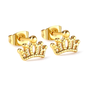 Minimalist 18K gold plated crown stud earrings with butterfly backs on white background