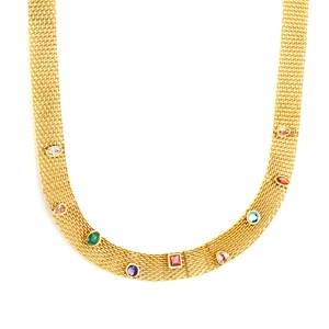 Collier en maille plaqué or 18K avec zircons colorés de formes variées pour femmes