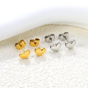 Polished heart-shaped stainless steel stud earring set in gold and silver finishes