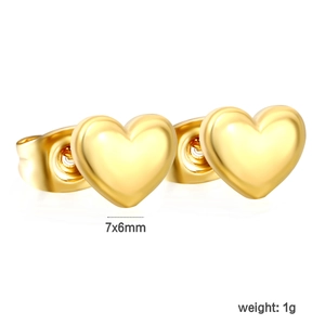 Detail view of 7x6mm gold heart stud earrings showing butterfly backs and 1g weight
