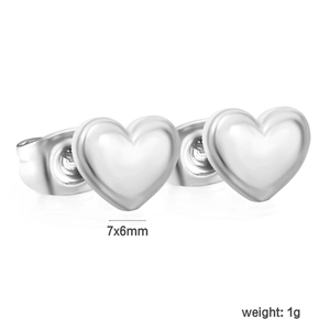 Polished stainless steel heart stud earrings for women, minimalist 7x6mm silver tone