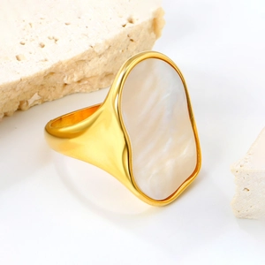 French style 18K gold plated wide ring with irregular white shell on stone pedestal