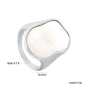 Detailed view of the 24.4mm oversized irregular pearl shell on a stainless steel ring