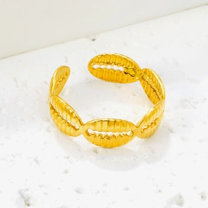 Marine style 18K gold plated stainless steel open ring with wave texture on stone background