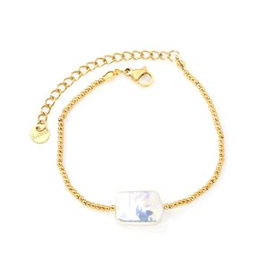 Gold stainless steel beaded bracelet with rectangular white pearl inlay and lobster clasp