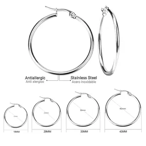 Size chart for stainless steel hoop earrings with inner and outer diameter measurements