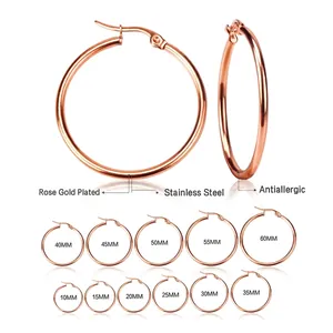 Rose gold stainless steel hoop earrings in various sizes from 10mm to 60mm diameter
