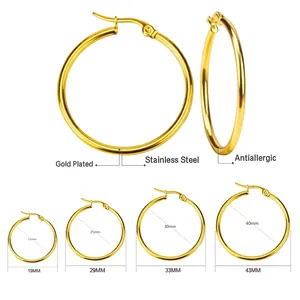 Detailed size chart showing diameters for gold-plated stainless steel hoop earrings