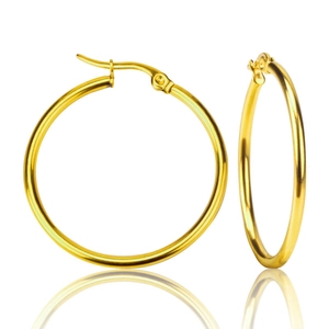 Detailed view of polished gold stainless steel hoop earrings with secure latch closure
