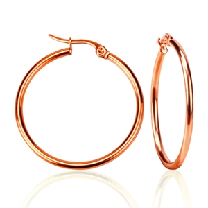 Detailed view of polished rose gold stainless steel hoop earrings with secure clasps