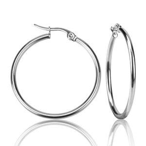 Macro view of large 2mm thick silver stainless steel hoop earrings with click closure